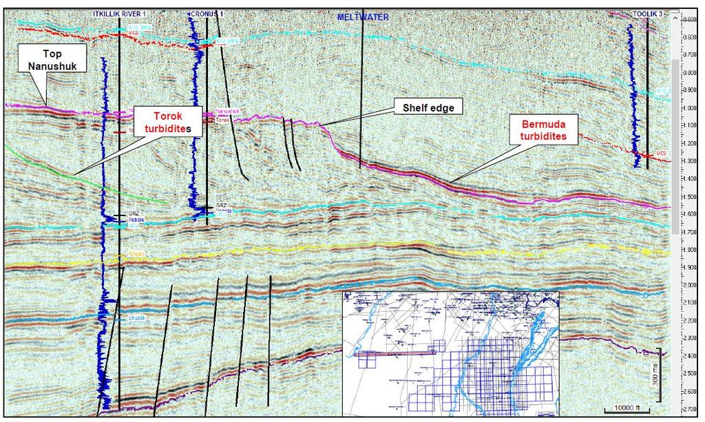 Western Blocks Additional Leads Early technical work has identified slope turbidites of the Torok Formation which may be analogous to the younger Bermuda turbidites of the nearby Meltwater Oil field