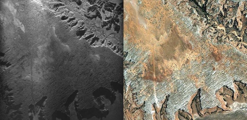 Figure 12. An area of Arches National Park shown in a X-band SlimSAR image at left and an optical photograph (courtesy of the State of Utah) at right. The X-band data has a bandwidth of 237 MHz. D.G.