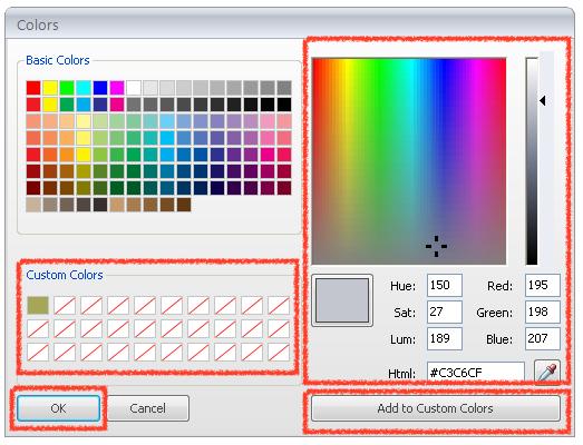 Use the Colors dialogue box (shown below) to: Select your custom colour from the colour palette Click on the Add