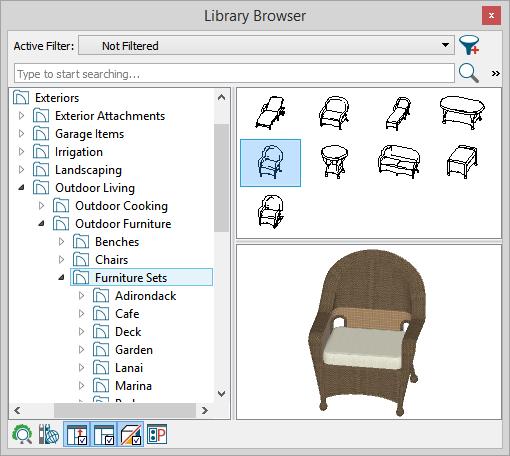 Adding Exterior Furniture Adding Exterior Furniture A selection of exterior furnishings is available in the Library Browser and can be accessed either by browsing or using the Search feature.