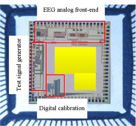 4.4 EEG front-end easureent results Fiure 67 displays the icroraph of the analo EEG front-end chip with interated test sinal enerator and diital calibration for input ipedance boostin desined by