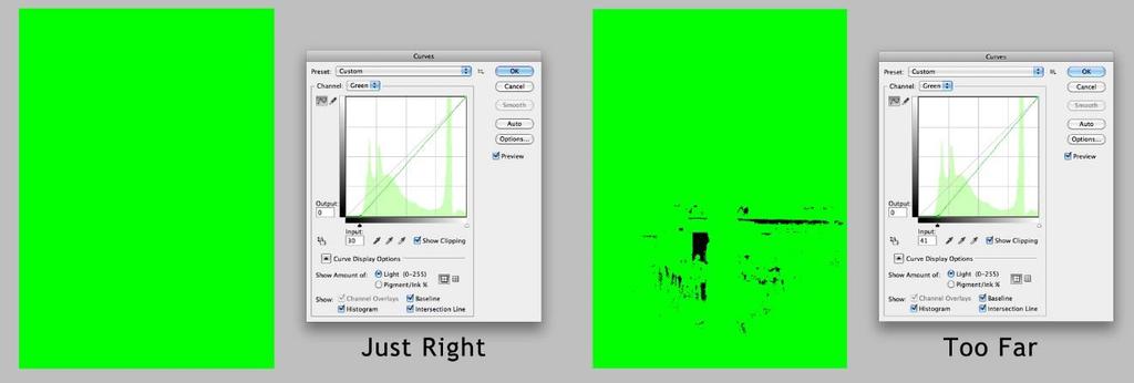Adjust the light greens by moving the right slider in toward data on the histogram.