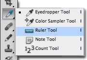Select the Ruler Tool from the Tool window by pressing the bottom right corner of Eyedropper Tool, and mousing down to the Ruler Tool ii.