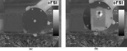 Figure 3. a) Sandblasted side of a copper disc as seen by IR camera. b) The nonsandblasted side of the same copper disc specularly reflecting a thermal image of the IR camera.