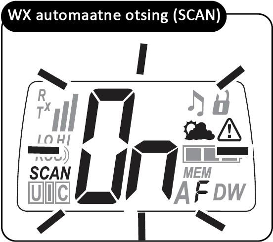 WX automaatse otsingu (SCAN) sisse/väljalülitamine: 1. Display kuvab Teile WX hoiatuste ikoon ning SCAN, ON või OFF vilgub. 2. Vajutage Channel Up/Down nuppe, et valida SCAN, ON või OFF. 3.