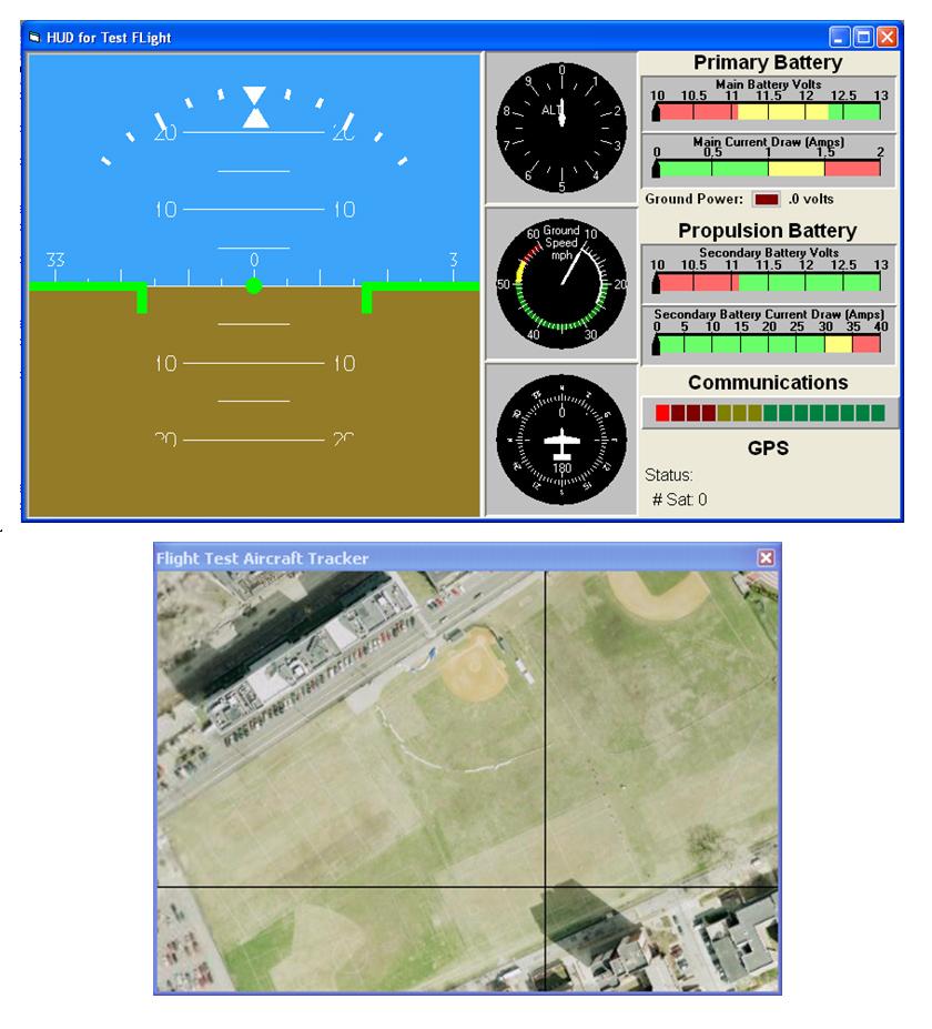 The HUD shows the current state of the aircraft and allows manual joystick control. Specifically, it shows the aircraft s altitude, pitch, roll, heading in a flight simulatorlike interface.