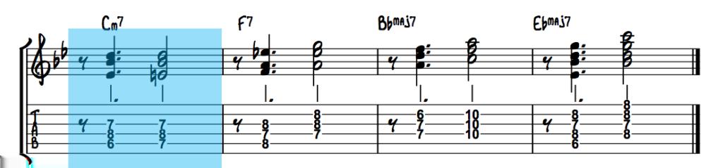 You ll notice that the Cm9 chord fragment becomes a C7 chord in bar 1, which resolves to the F7 chord in bar 2.