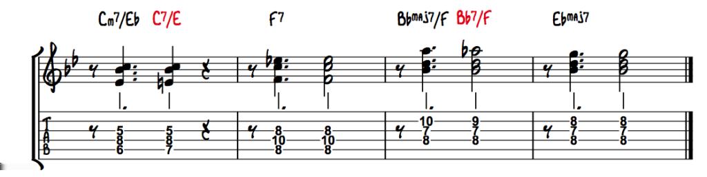 *Note that the chords in red indicate the secondary dominants. The inversions and secondary dominants sound great, but there s more you can do to emulate Jim Hall s approach.