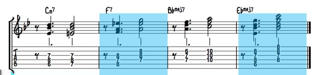 In the first 2 bars of the example above, the highest note in each Drop chord shape was removed. In bars 3-4, the lowest chord tone in each Drop chord shape was removed to add some variety.