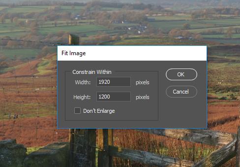 With the image open, go to File. Automate. Fit Image. II. Beneath Constrain within enter 1920 in the Width box and 1200 in the Height box. III. Press OK or hit Enter.