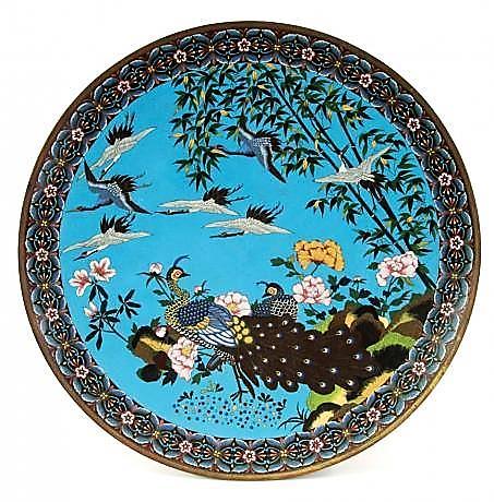 Plate with cranes, peacocks and