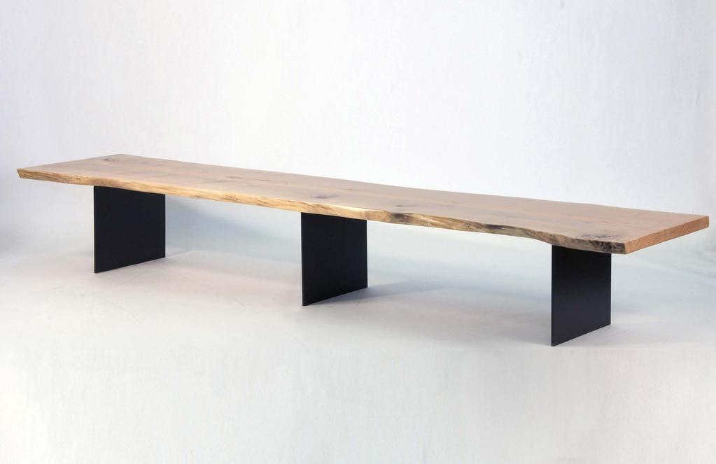 edge, live edge; bench top composed of one or more slabs Version in Torched live edge Maple with Clear finish, steel base with Matte Black Bronze finish NARA BENCH Solid wood top with