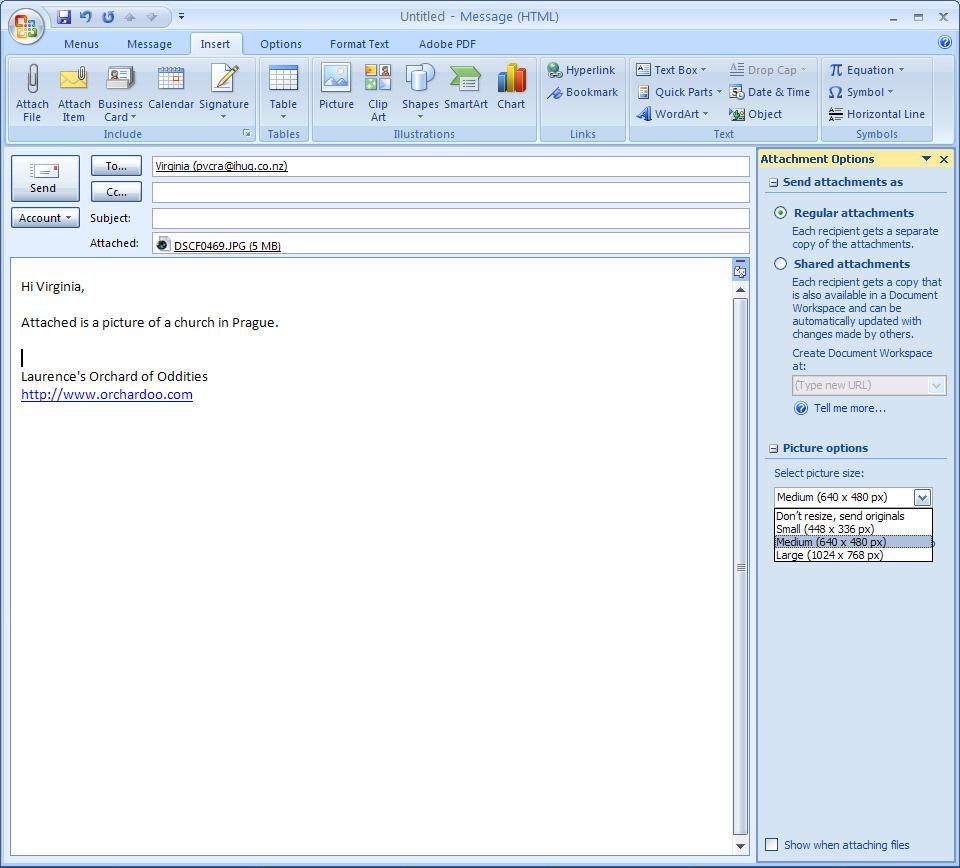 Figure 1 The Attachment Options in Outlook 2007 Too big to add to a document Whilst you can use simple cut and paste method to import pictures into your Word documents (or use the insert feature) and