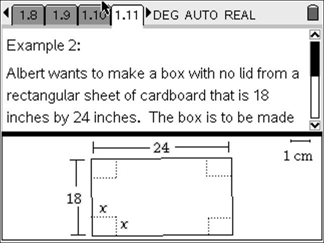 The box is to be made by cutting a square of side x from each corner of the sheet and then folding up the sides.