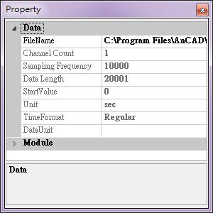 In Properties, it shows that the signal has the SamplingFrequency of 10000, the DataLength of 20001 and the Unit is seconds.