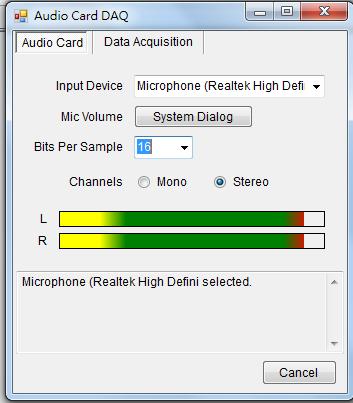 2. Double-click the Audio-DAQ module to open the Audio Card DAQ window. Under the Audio Card tab select the input device for your microphone from the drop down menu under the Input Device option.