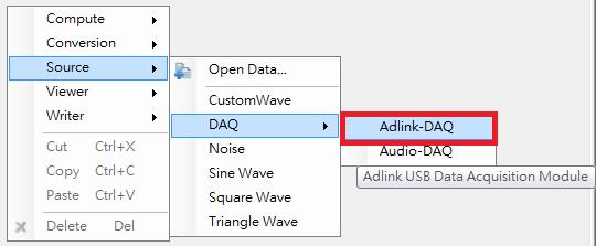 Right-click the Network Window and select Source DAQ Adlink-DAQ. Attach a Channel Viewer to the Adlink-DAQ component if you want to view the recording in a time vs.