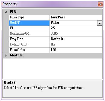 3. Change properties of FilterType to HighPass, F1 to 100Hz, UseIPP to False, and FilterOrder to 500.