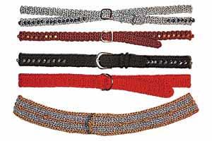 1 Red Belt & Bag to Crochet Optional silver beads and tassel Sizes: Belt in six length, bag is 4x6 x1 (10 x15x2.