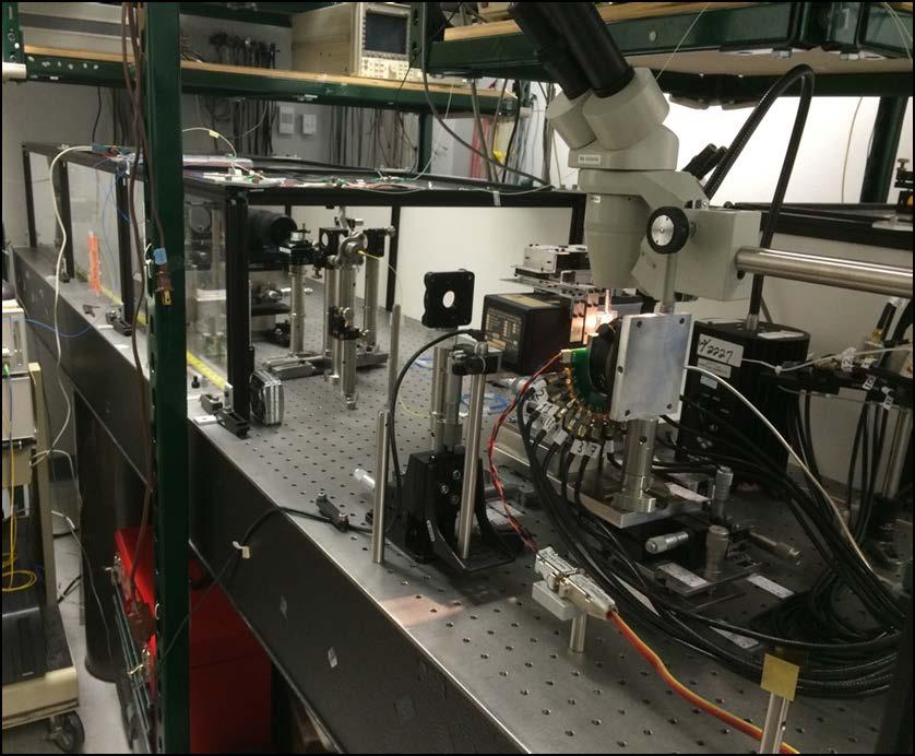 Diffraction grating (in the corner) Fiber collimator (a) Microscope Enclosure (later covers the entire setup) Beam profiler PCB with VCSEL array (b) VCSEL array Microlens array Figure 4-22: