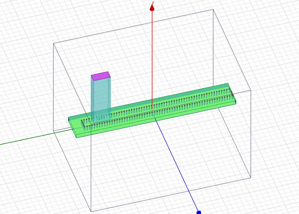 Figure 3.3 HFSS simulation model of the slot transition between RWG and SIW. After optimization, the dimensions and position of the slot transition from RWG to SIW are shown in Table 3.