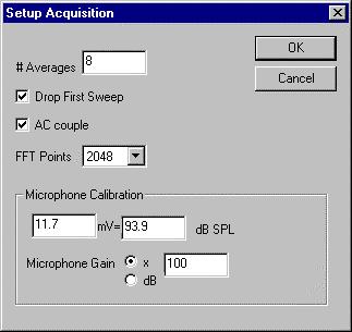 2-6 SetUp Menu Acquisition Overview The Setup Acquisition dialog box is used to configure the A/D converter, configure options for averaging, and to set the microphone calibration and gain.