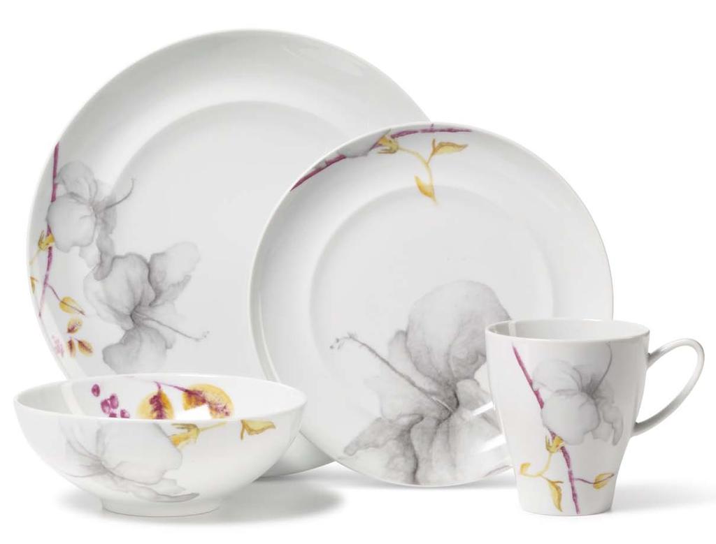 Mikasa Aliza Gris Mikasa Aliza Gris dinnerware adds a fresh pop of color to the table. Translucent watercolor orchids flow gracefully across the coupe-shaped rim in a modern, asymmetrical layout.