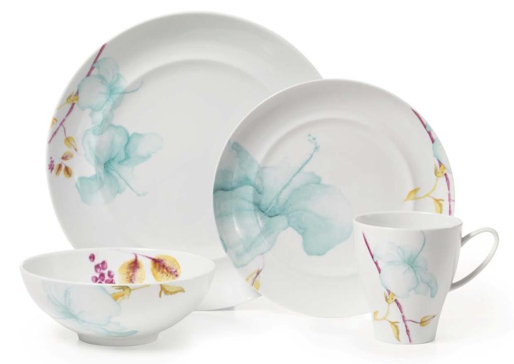Mikasa Aliza Teal Mikasa Aliza Teal dinnerware adds a fresh pop of color to the table. Translucent watercolor orchids flow gracefully across the coupe-shaped rim in a modern, asymmetrical layout.
