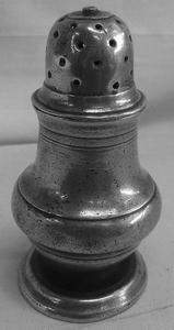 A large urn based earlier cast pewter sugar castor. This weighs about 10 ozs or 280 gms and is unmarked.