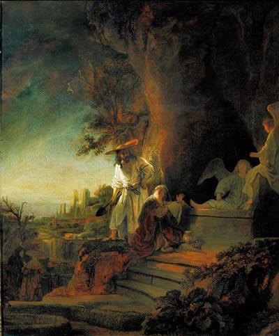 View full size Christ (as gardener) and St. Mary Magdalene at the Tomb, by Rembrandt.