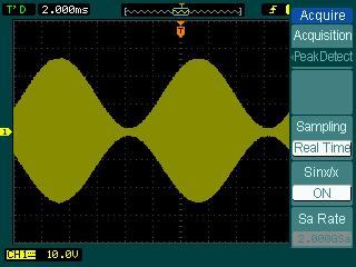 To reduce the displayed random noise, select the Average Acquisition. This mode would make the screen refresh slower. To Avoid signal aliasing, select Peak Detect Acquisition.