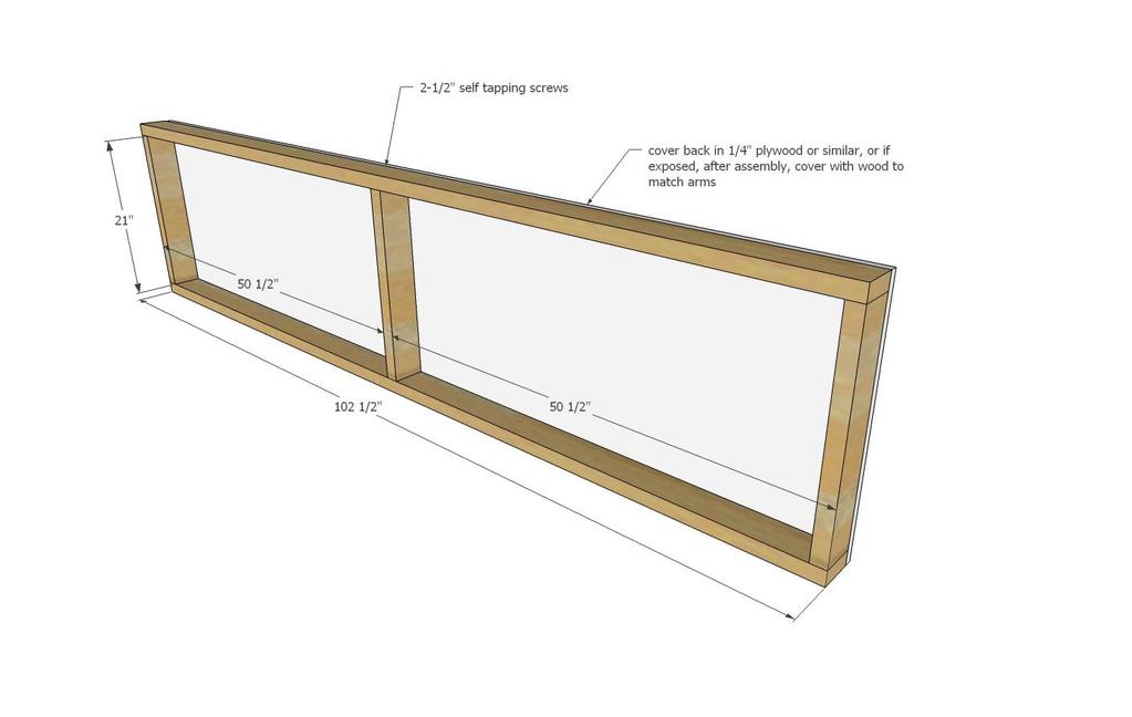 [25] Build the back frame and adjust for square, using the longer self tapping screws and wood glue.
