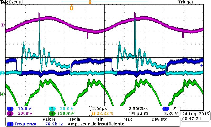 Secondary side waveforms at 400V and high load Primary current 25A/d Blue: Vgs Light blue: Vds Sec.
