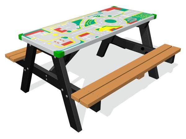 Game Top Picnic Tables 100% recycled plastic table construction Steel reinforced seat planks Printed table top design Scratch resistant over-laminate Supplied with games pieces Rounded