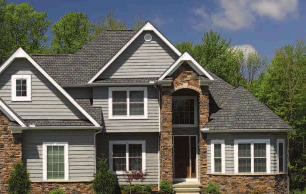 DESIGNER SHINGLES Black Granite Fieldstone Roof - Highland Slate, shown in Fieldstone Siding - Cedar Impressions Double 7 " Perfection Shingles, shown in Seagrass Max Def Weathered Wood HIGHLAND