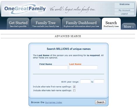 Search Tab NOTE: We cannot emphasize enough that manually searching is not the best way to use One- GreatFamily.