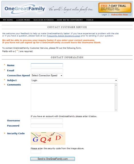 Figure1.4 - Contact Form 1. 2. 3. 4. The Contact Form requires your Name and E-mail address. You then need to select a Subject from the drop down menu. Choose Passwords.