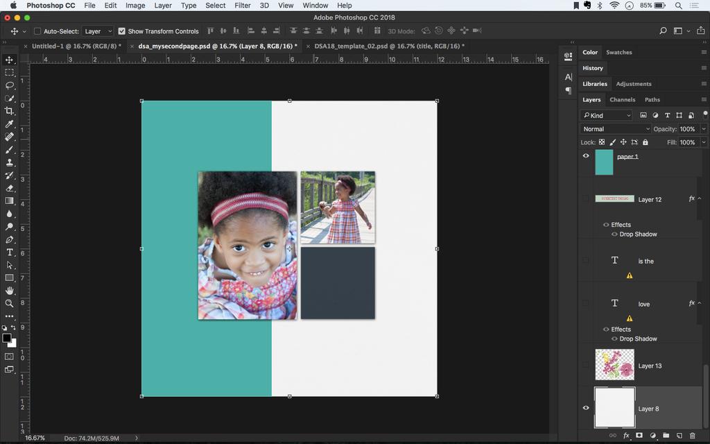 1: Add Your Photos & Apply Custom Drop Shadows In our second page-building exercise, we ll customize a digital scrapbooking template and develop a layered look via embellishments, text and papers.