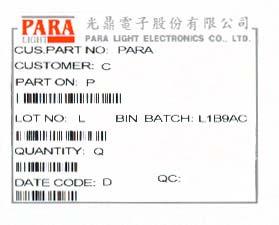 Label Explanation BATCH: L1 B9 AC L1: Luminous Intensity Code B9: Forward Voltage Code AC: Dom Wavelength Code Reel Dimensions Notes: 1.