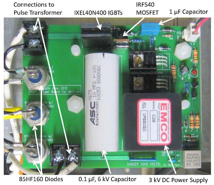 - 0.1 μf capacitor charged to 3 kv is discharged through two paralleled IXEL40N400 IGBTs and a 1:2 pulse transformer connected to the