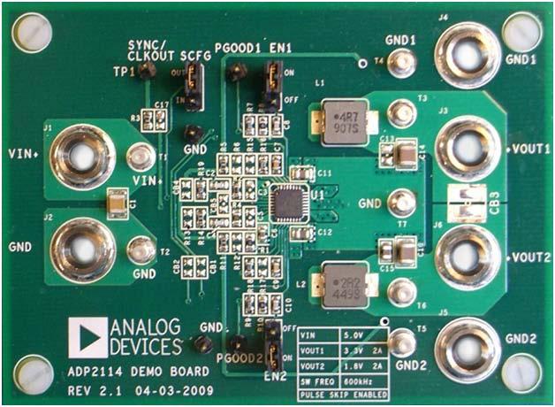 Evaluation Board for ADP EVAL-ADP FEATURES Full-featured demo board for the ADP Standalone capability Configurable dual synchronous step-down, dc-to-dc switching regulator Dual A/ A or A/ A output or