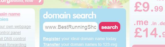 As you can see, I have entered that key phrase into the Domain Search box on the 123-Reg homepage. I have chosen not to include hyphens within the domain name, for example, www.
