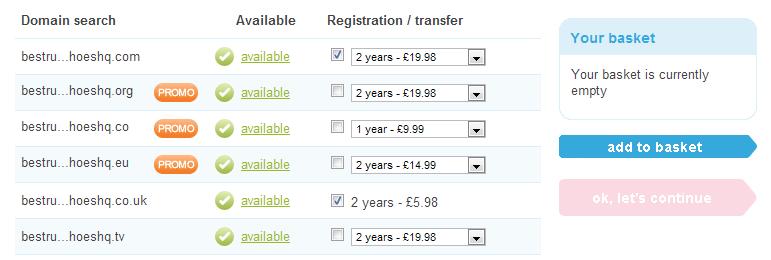 As you can see, the 123-Reg website has automatically put ticks in a few of the boxes in the Registration/transfer column.