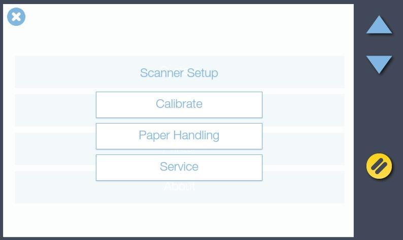 Maintenance 57 Calibration 2 Launch the scanner calibration wizard [settings > scanner > calibrate] Calibration 3 Select the Calibration type Select either Mechanical Calibration or Full