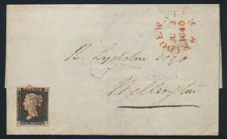 Great Britain 2042 #2b 1840 2d deep bright blue Queen Victoria Imperforate, used with a red Maltese Cross Cancel, four margins, showing part of next stamp at right. From Plate 1, position TD.