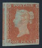 ... Scott U$5,162 2043 2044 2043 (*) #3 1841 1p red Queen Victoria Imperforate on Bluish Paper, unused (no gum) from plate position JL, with three margins (showing part of stamp at left), thin and