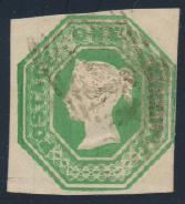 Margins are well clear to large at top, from position NC, very fi ne....scott U$925 2045 x2046 2045 #5 1847 1sh pale green Queen Victoria Imperforate Embossed, used with light cancel.