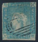...scott U$850 2070 #14 1859 2d blue Queen Victoria on Grayish Paper, early impression, used, with almost 3 margins, cut close at top left and along top.