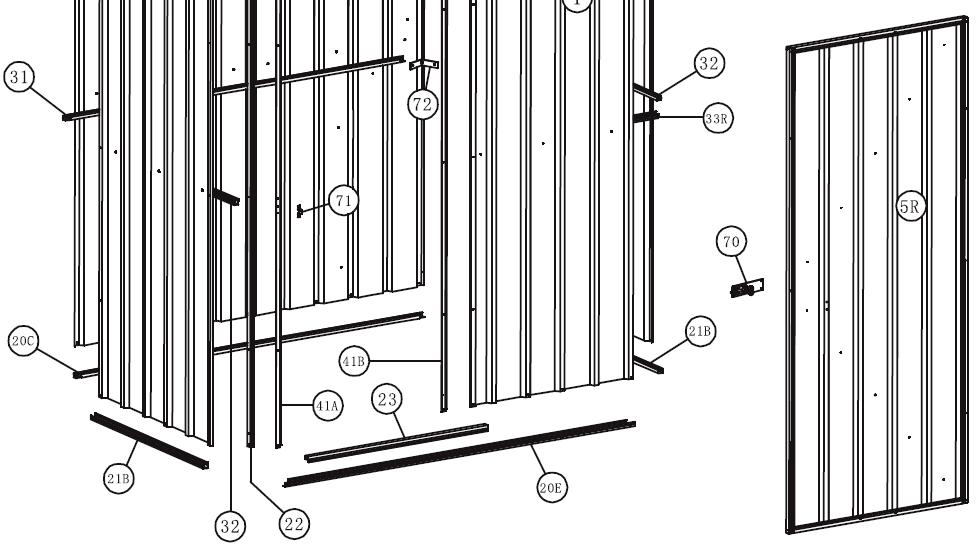 FIG. 1: Exploded parts diagram 17 Part no. Description Quantity 1L 78in. x 30¼ in. rear wall panel 1 1R 78in. x 30¼ in. rear wall panel 1 2L (74.8 77.9)in. x 30.3in. side wall 1 2R (74.8 77.9)in. x 30.3in. side wall 1 3 33.