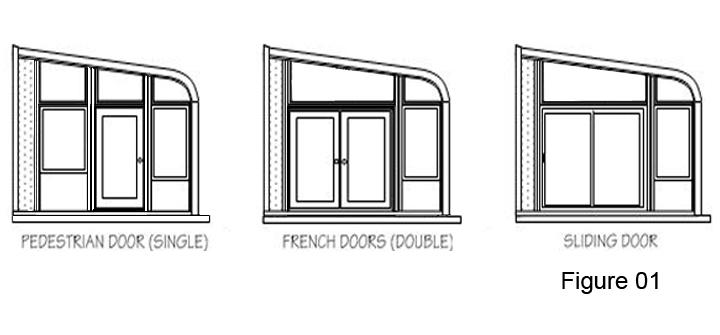 Section 11: Door Installation: 1 Door Installation: Note: C-Thru offers three types of doors: pedestrian (single), French (double), and sliding doors (Figure 01).